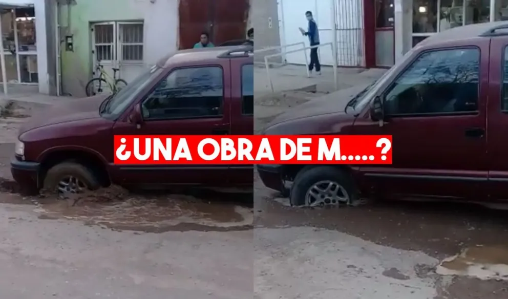 Por una obra mal hecha, una camioneta se clavó en el asfalto
