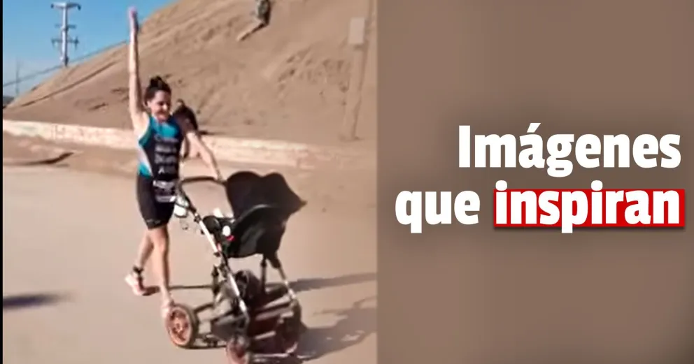Emocionante video: corrió un triatlón y cruzó la meta junto a su bebé de tan solo un mes