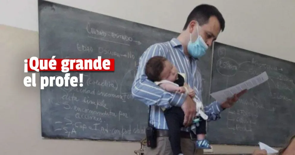 Un profesor fue fotografiado cuando cuidaba a la beba de una alumna